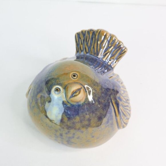 Pudgy Bird Figurine Blue Brown Glaze Shelf Decor - Picture 2 of 8